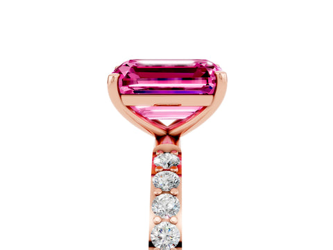 Rose gold Emerald Cut Pink Sapphire Solitaire Ring with Pave Band and Four Prong Setting_53