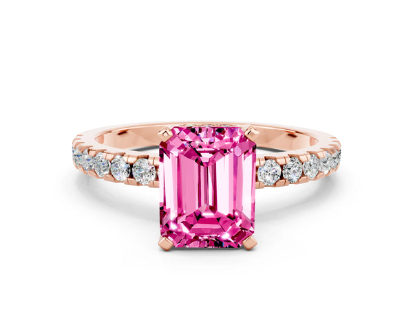 Rose gold Emerald Cut Pink Sapphire Solitaire Ring with Round  Pavé Band and Four-Prong Setting