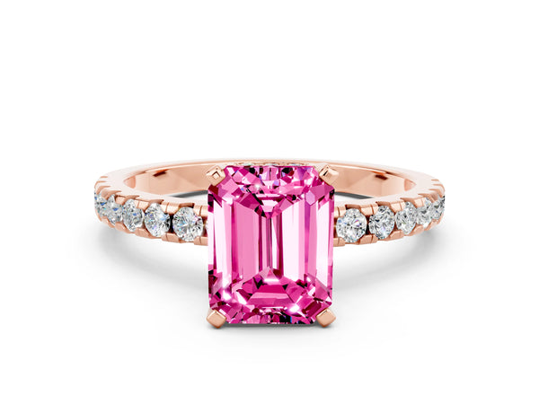 Rose gold Emerald Cut Pink Sapphire Solitaire Ring with Round Pavé Band and Four-Prong Setting