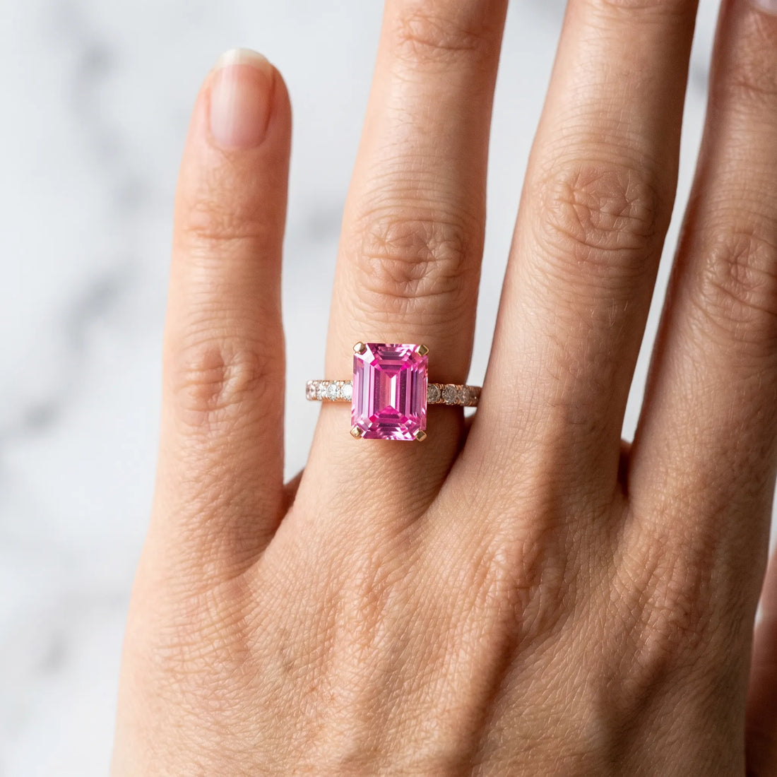 Rose gold Emerald Cut Pink Sapphire Solitaire Ring with Round  Pavé Band and Four-Prong Setting_78