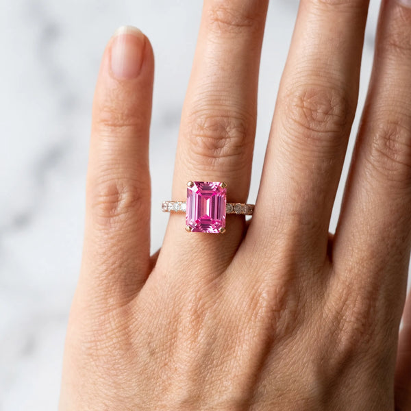 Rose gold Emerald Cut Pink Sapphire Solitaire Ring with Round  Pavé Band and Four-Prong Setting