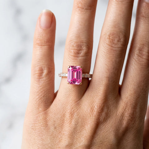 Rose gold Emerald Cut Pink Sapphire Solitaire Ring with Round  Pavé Band and Four-Prong Setting_78