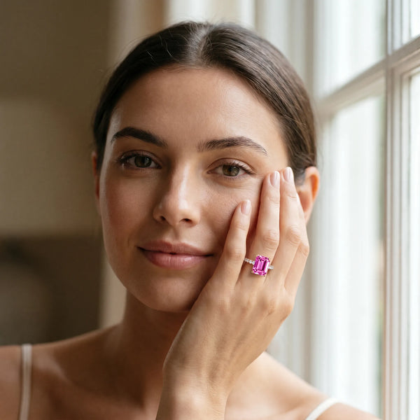 Rose gold Emerald Cut Pink Sapphire Solitaire Ring with Round  Pavé Band and Four-Prong Setting