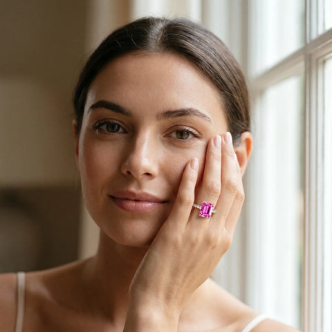 Rose gold Emerald Cut Pink Sapphire Solitaire Ring with Round  Pavé Band and Four-Prong Setting_79