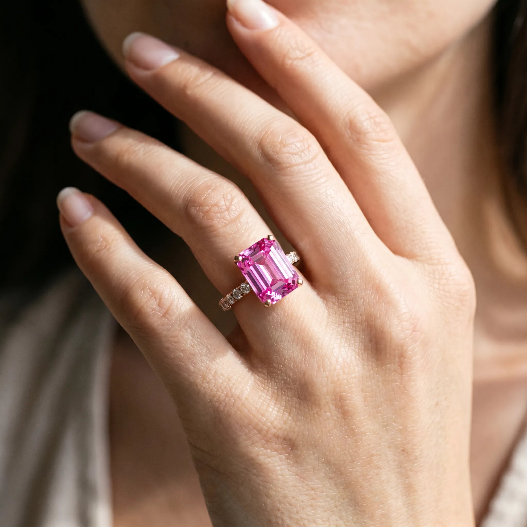 Rose gold Emerald Cut Pink Sapphire Solitaire Ring with Round  Pavé Band and Four-Prong Setting_80