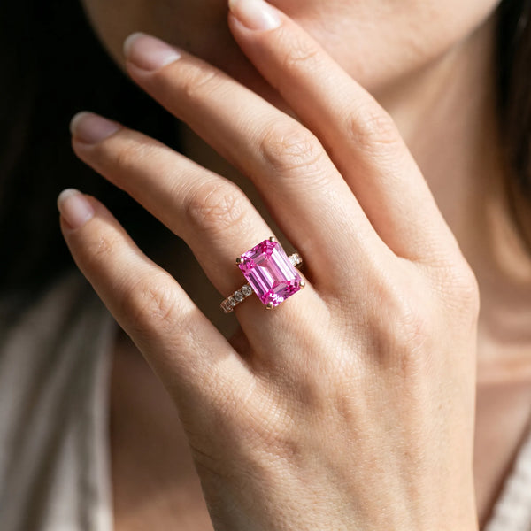 Rose gold Emerald Cut Pink Sapphire Solitaire Ring with Round  Pavé Band and Four-Prong Setting