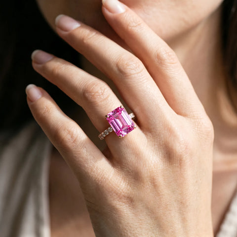 Rose gold Emerald Cut Pink Sapphire Solitaire Ring with Round  Pavé Band and Four-Prong Setting_80