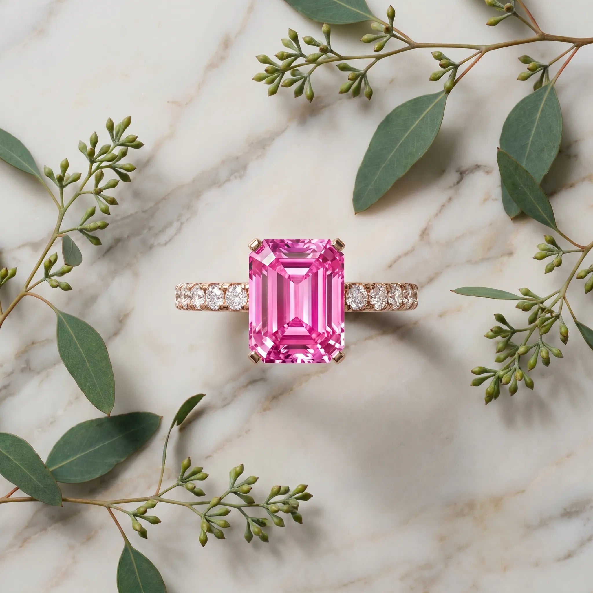 Rose gold Emerald Cut Pink Sapphire Solitaire Ring with Round  Pavé Band and Four-Prong Setting_81