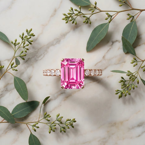 Rose gold Emerald Cut Pink Sapphire Solitaire Ring with Round  Pavé Band and Four-Prong Setting_81