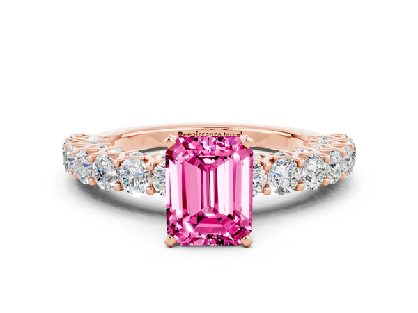 Rose gold Emerald Cut Pink Sapphire Solitaire Ring with Shared Prong Pavé Band and Four-Prong Setting