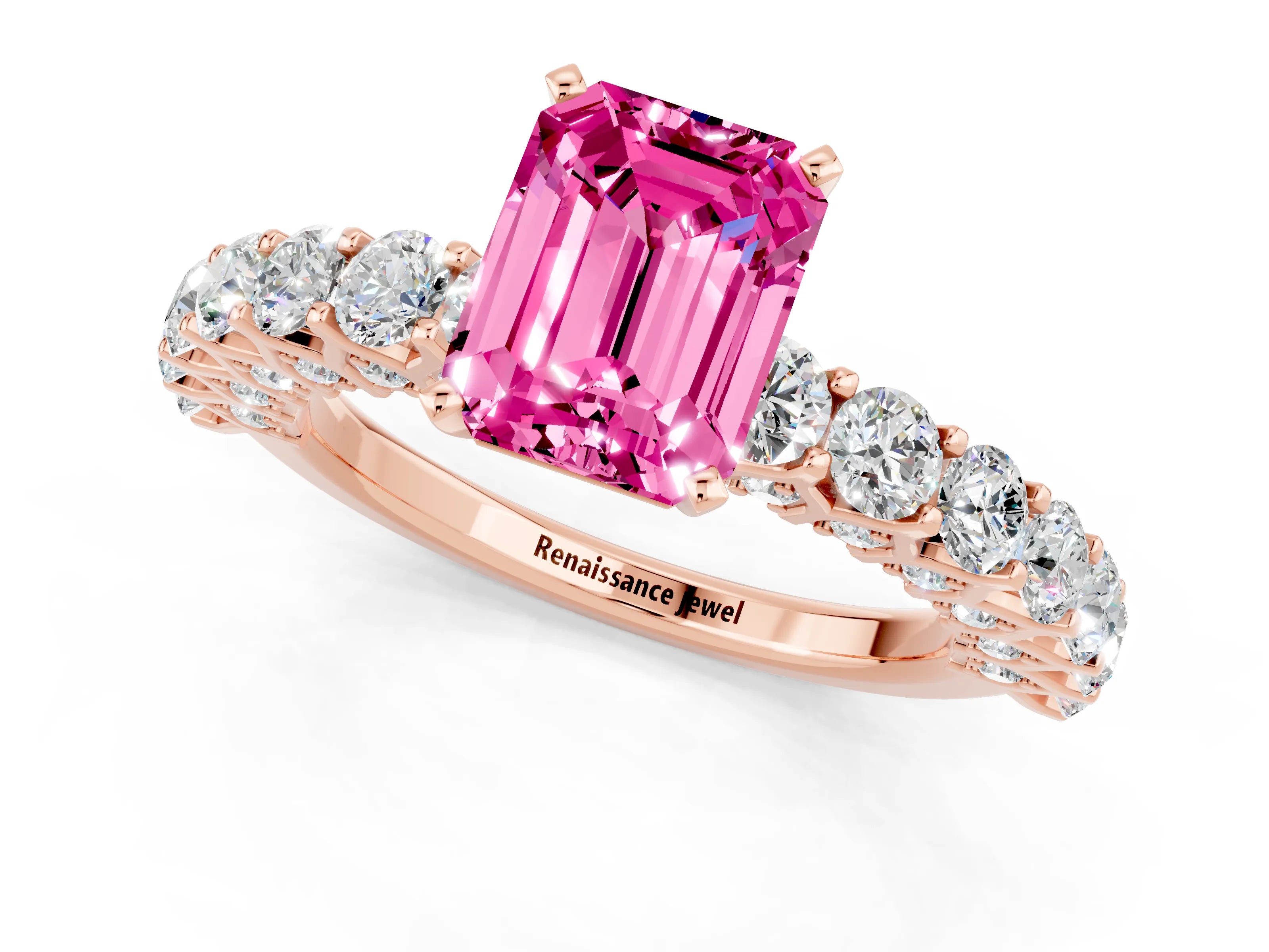 Rose gold Emerald Cut Pink Sapphire Solitaire Ring with Shared Prong Pavé Band and Four-Prong Setting_1
