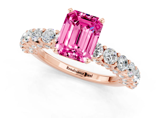 Rose gold Emerald Cut Pink Sapphire Solitaire Ring with Shared Prong Pavé Band and Four-Prong Setting