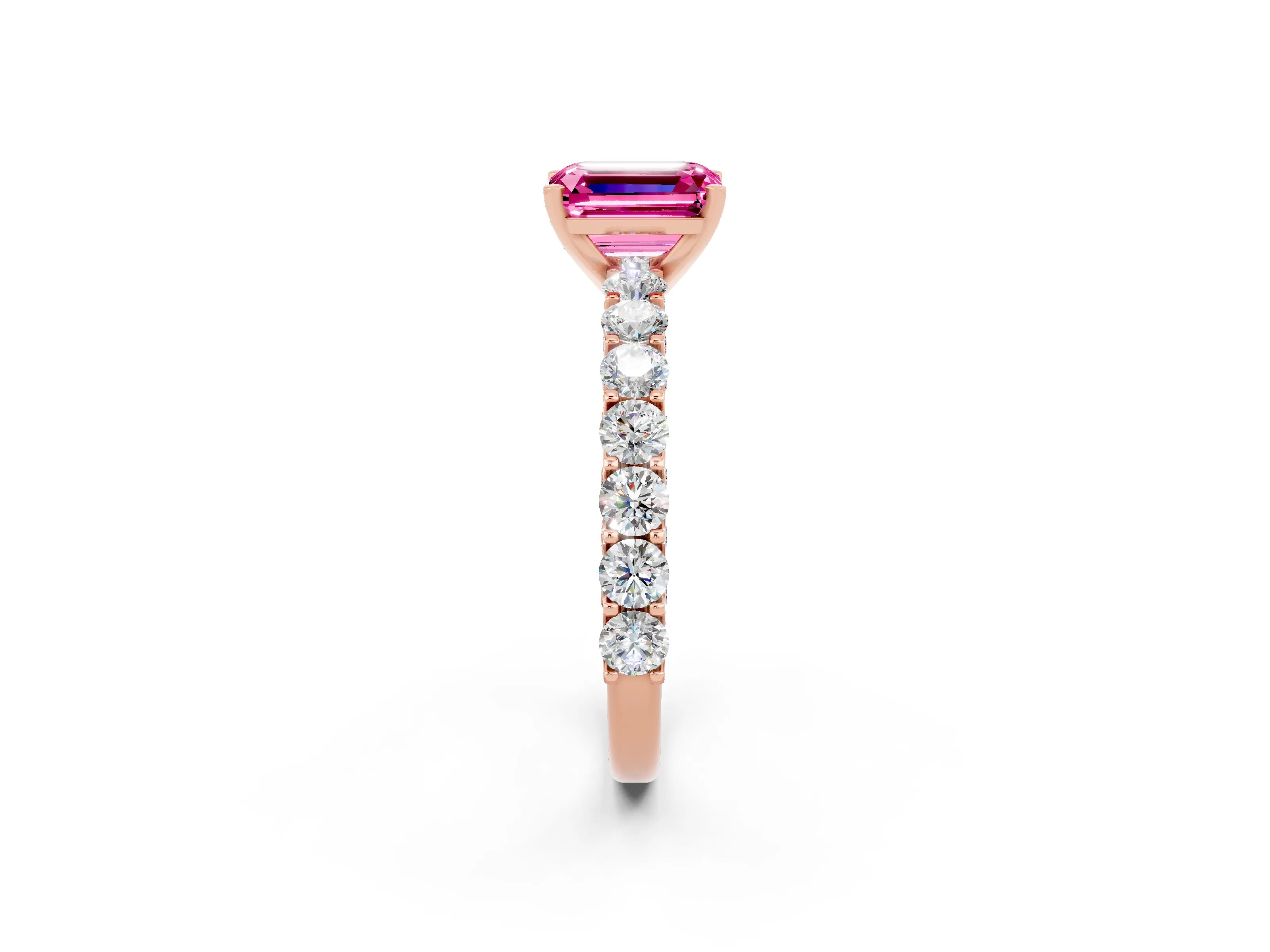 Rose gold Emerald Cut Pink Sapphire Solitaire Ring with Shared Prong Pavé Band and Four-Prong Setting_2
