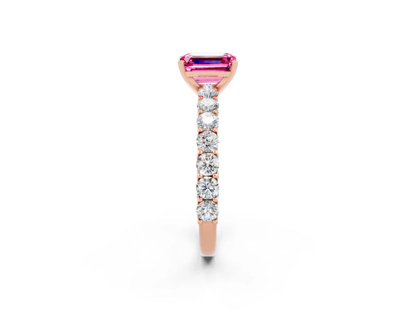 Rose gold Emerald Cut Pink Sapphire Solitaire Ring with Shared Prong Pavé Band and Four-Prong Setting
