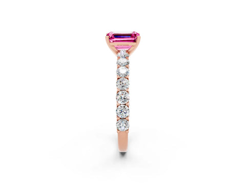 Rose gold Emerald Cut Pink Sapphire Solitaire Ring with Shared Prong Pavé Band and Four-Prong Setting_2