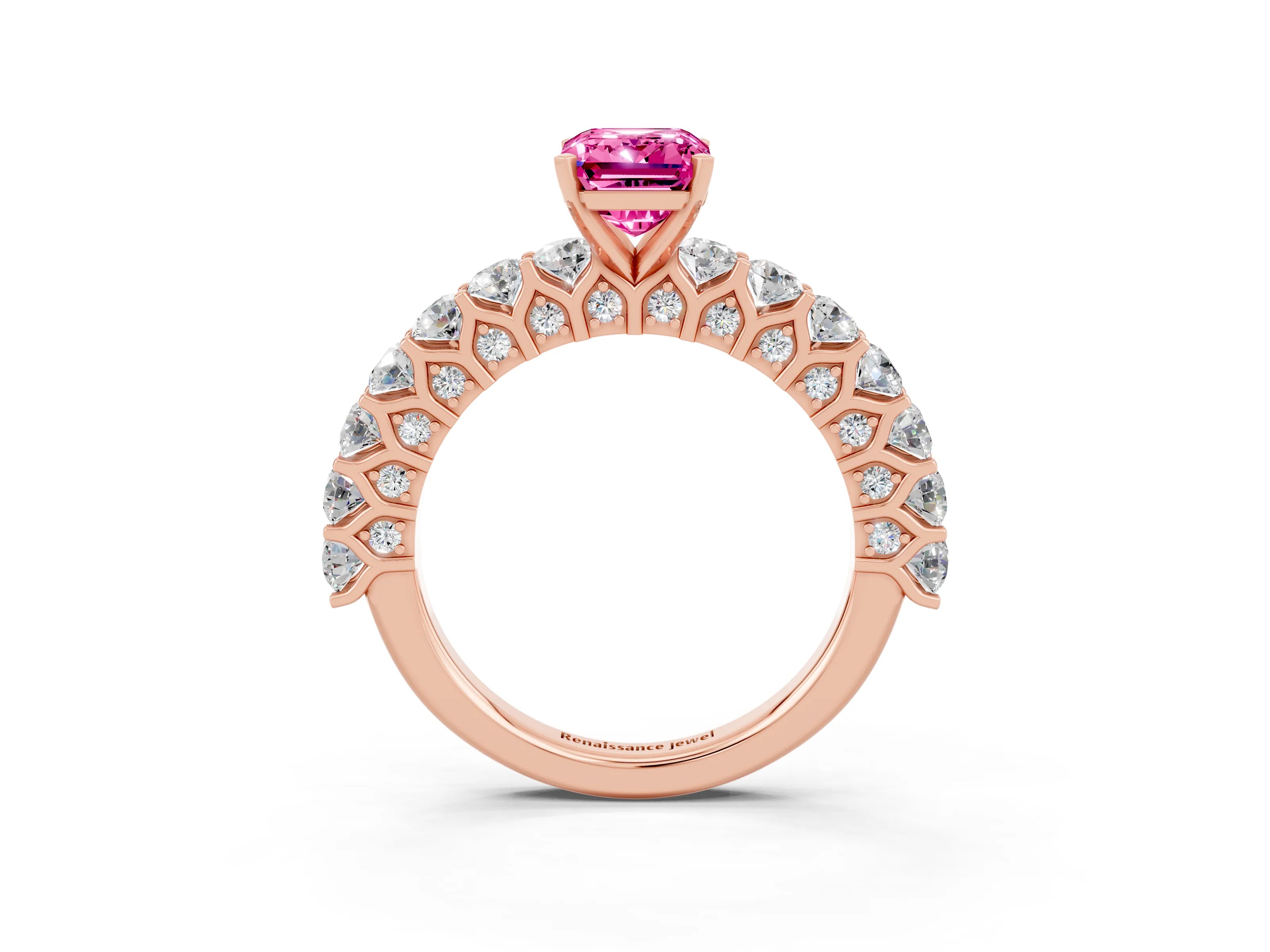 Rose gold Emerald Cut Pink Sapphire Solitaire Ring with Shared Prong Pavé Band and Four-Prong Setting_3