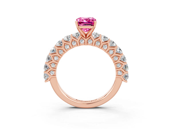 Rose gold Emerald Cut Pink Sapphire Solitaire Ring with Shared Prong Pavé Band and Four-Prong Setting