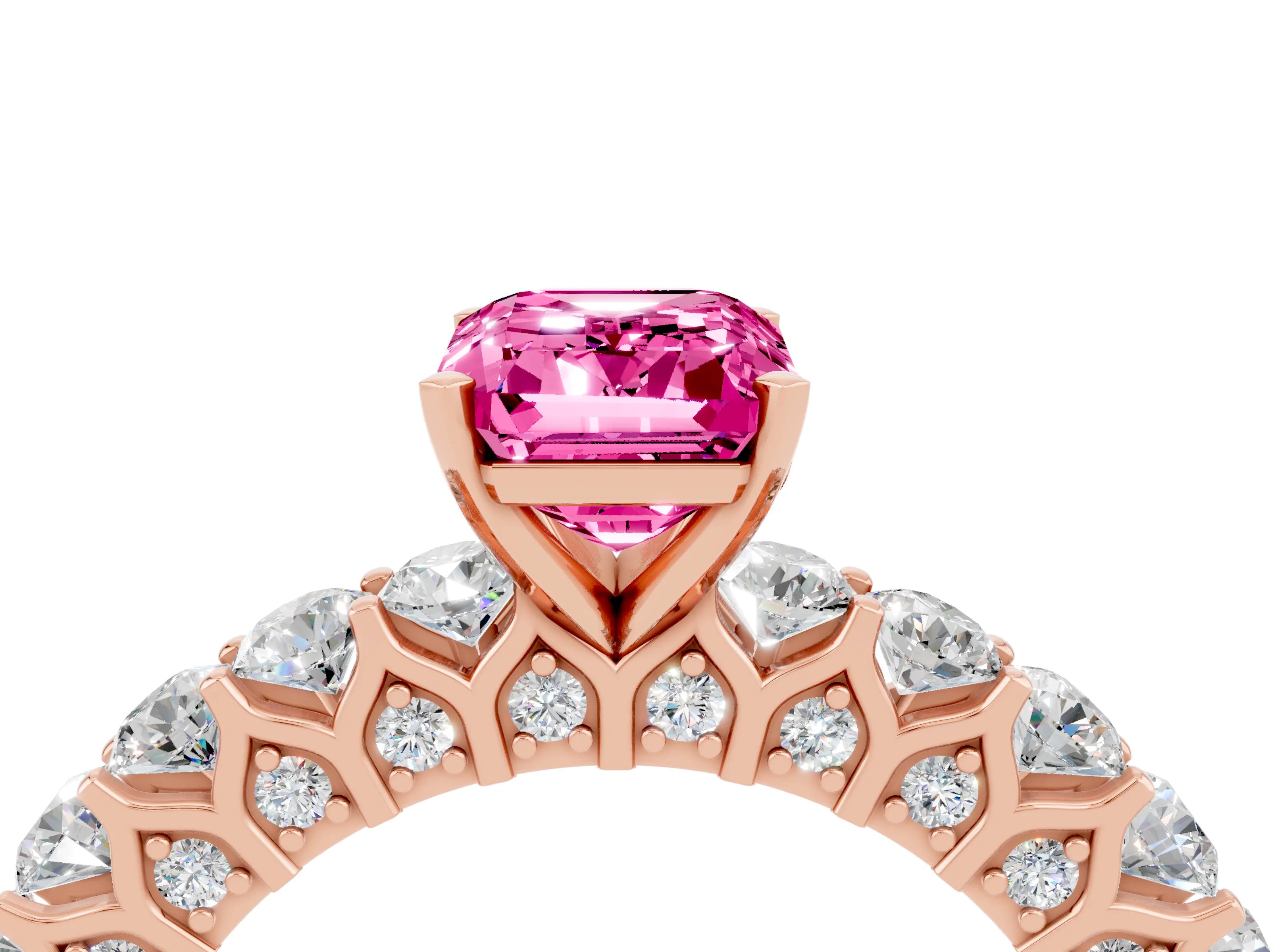 Rose gold Emerald Cut Pink Sapphire Solitaire Ring with Shared Prong Pavé Band and Four-Prong Setting_4