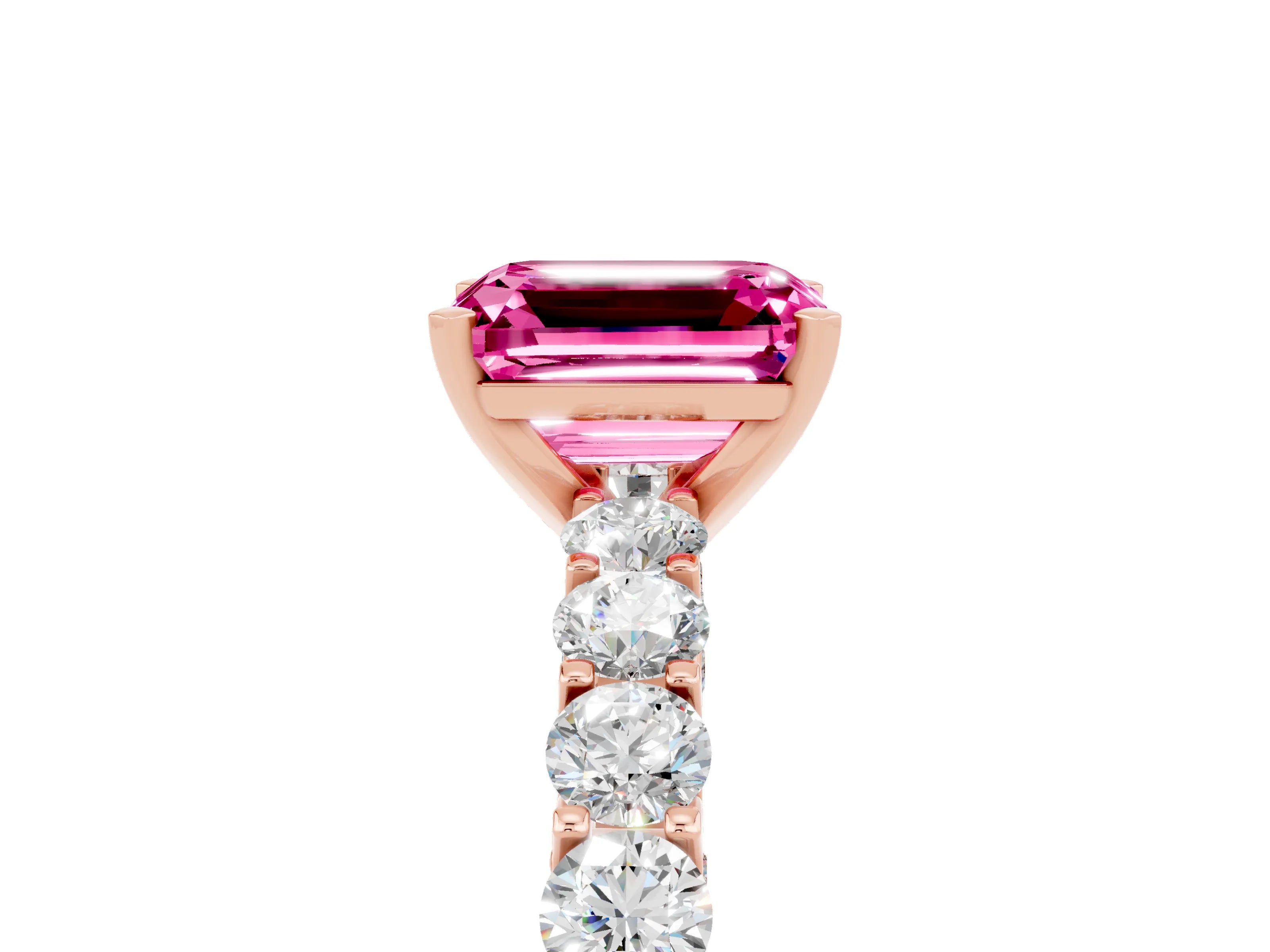 Rose gold Emerald Cut Pink Sapphire Solitaire Ring with Shared Prong Pavé Band and Four-Prong Setting_5