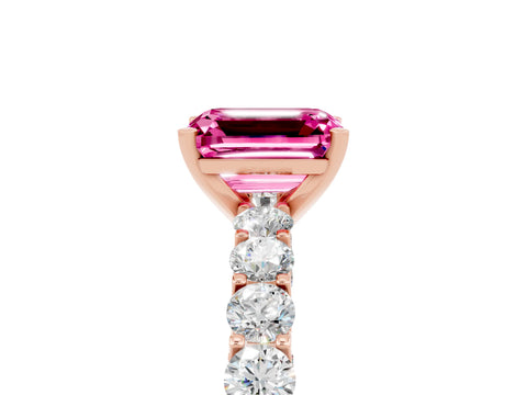 Rose gold Emerald Cut Pink Sapphire Solitaire Ring with Shared Prong Pavé Band and Four-Prong Setting_5