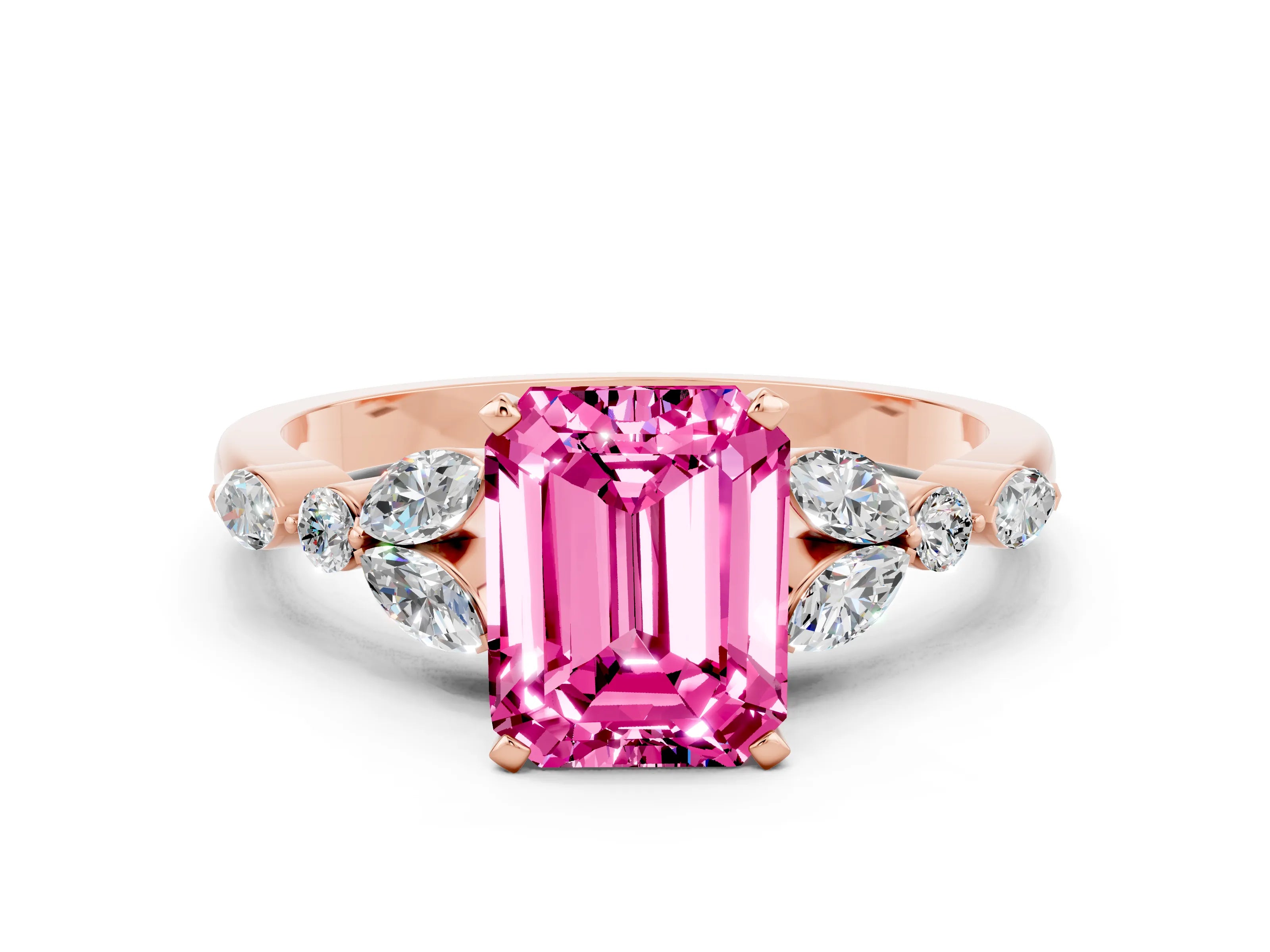 Rose gold Emerald Cut Pink Sapphire Solitaire Ring with Side Stones and Four-Prong Setting_12