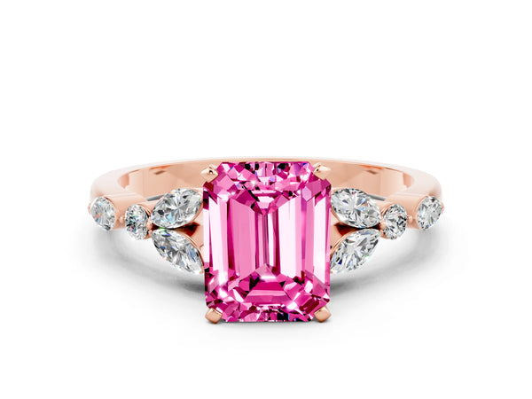 Rose gold Emerald Cut Pink Sapphire Solitaire Ring with Side Stones and Four-Prong Setting