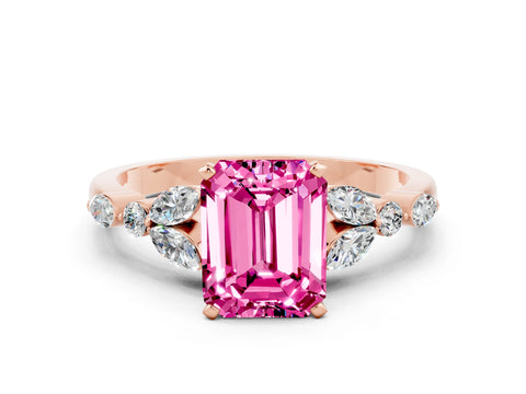 Rose gold Emerald Cut Pink Sapphire Solitaire Ring with Side Stones and Four-Prong Setting_12