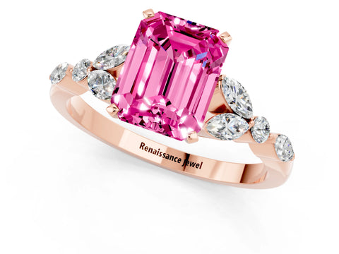 Rose gold Emerald Cut Pink Sapphire Solitaire Ring with Side Stones and Four-Prong Setting_13