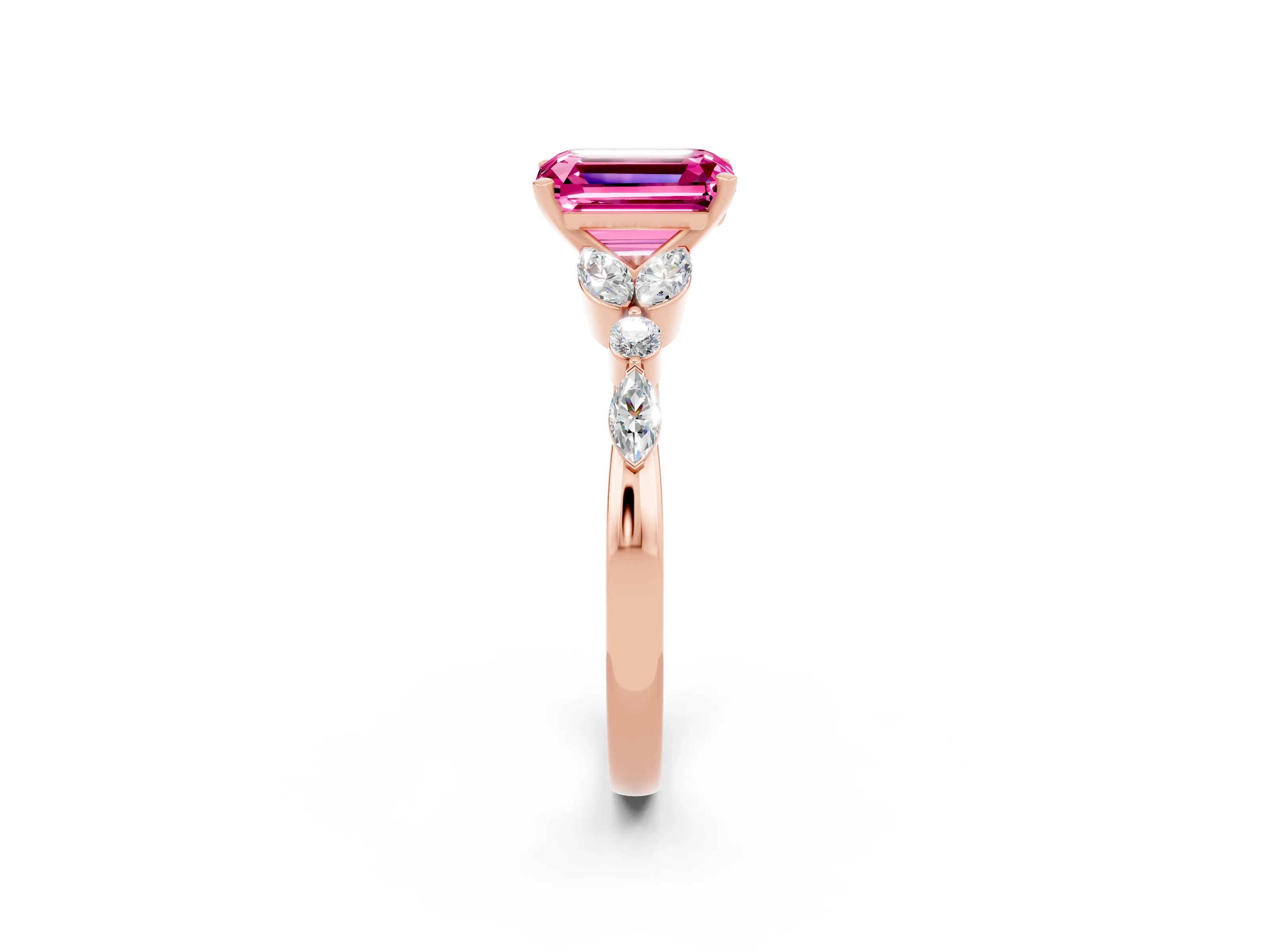 Rose gold Emerald Cut Pink Sapphire Solitaire Ring with Side Stones and Four-Prong Setting_14