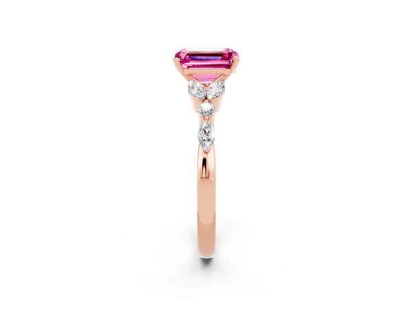 Rose gold Emerald Cut Pink Sapphire Solitaire Ring with Side Stones and Four-Prong Setting