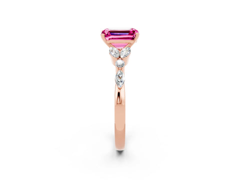 Rose gold Emerald Cut Pink Sapphire Solitaire Ring with Side Stones and Four-Prong Setting_14