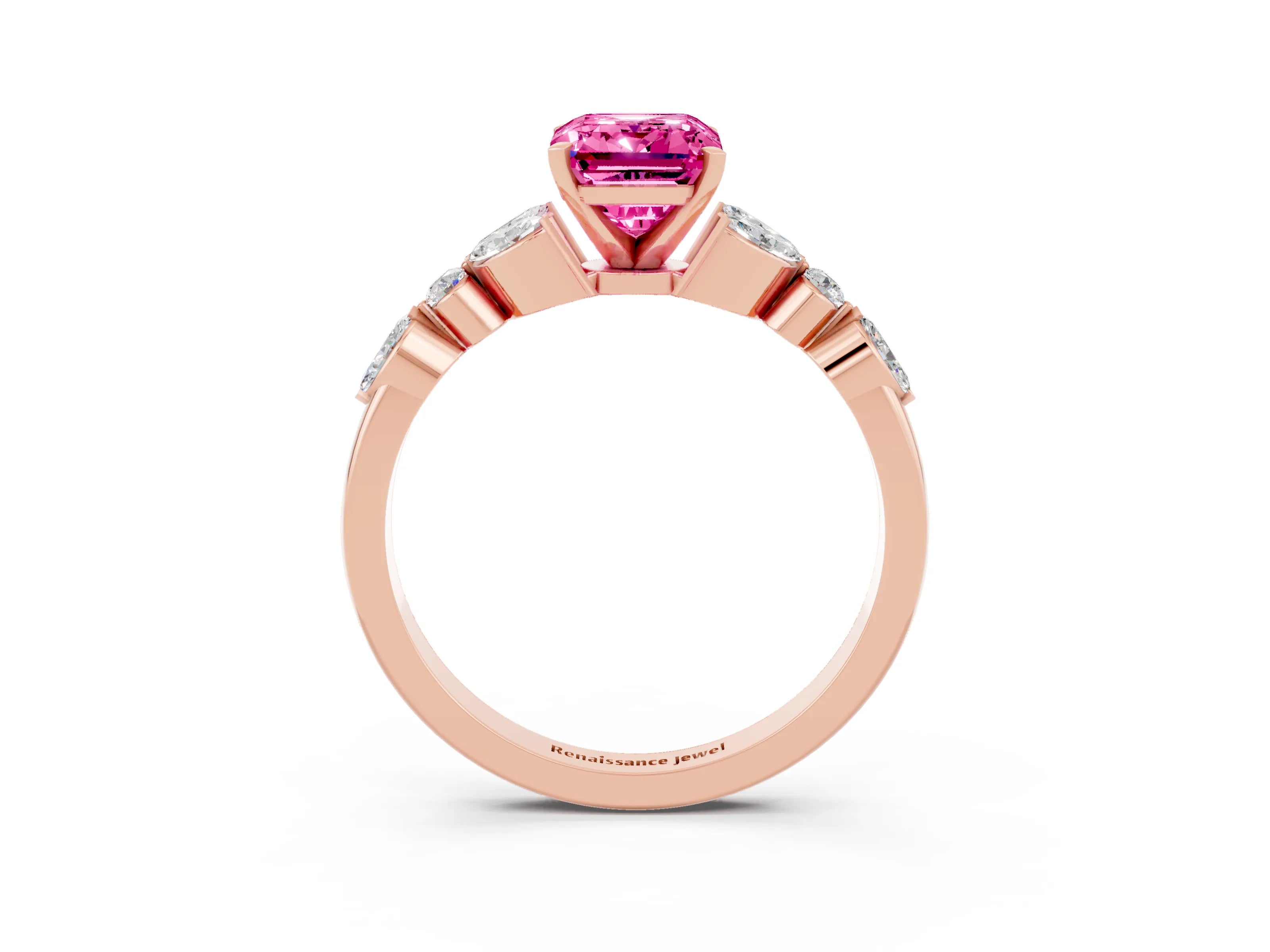 Rose gold Emerald Cut Pink Sapphire Solitaire Ring with Side Stones and Four-Prong Setting_15