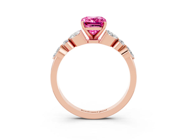 Rose gold Emerald Cut Pink Sapphire Solitaire Ring with Side Stones and Four-Prong Setting