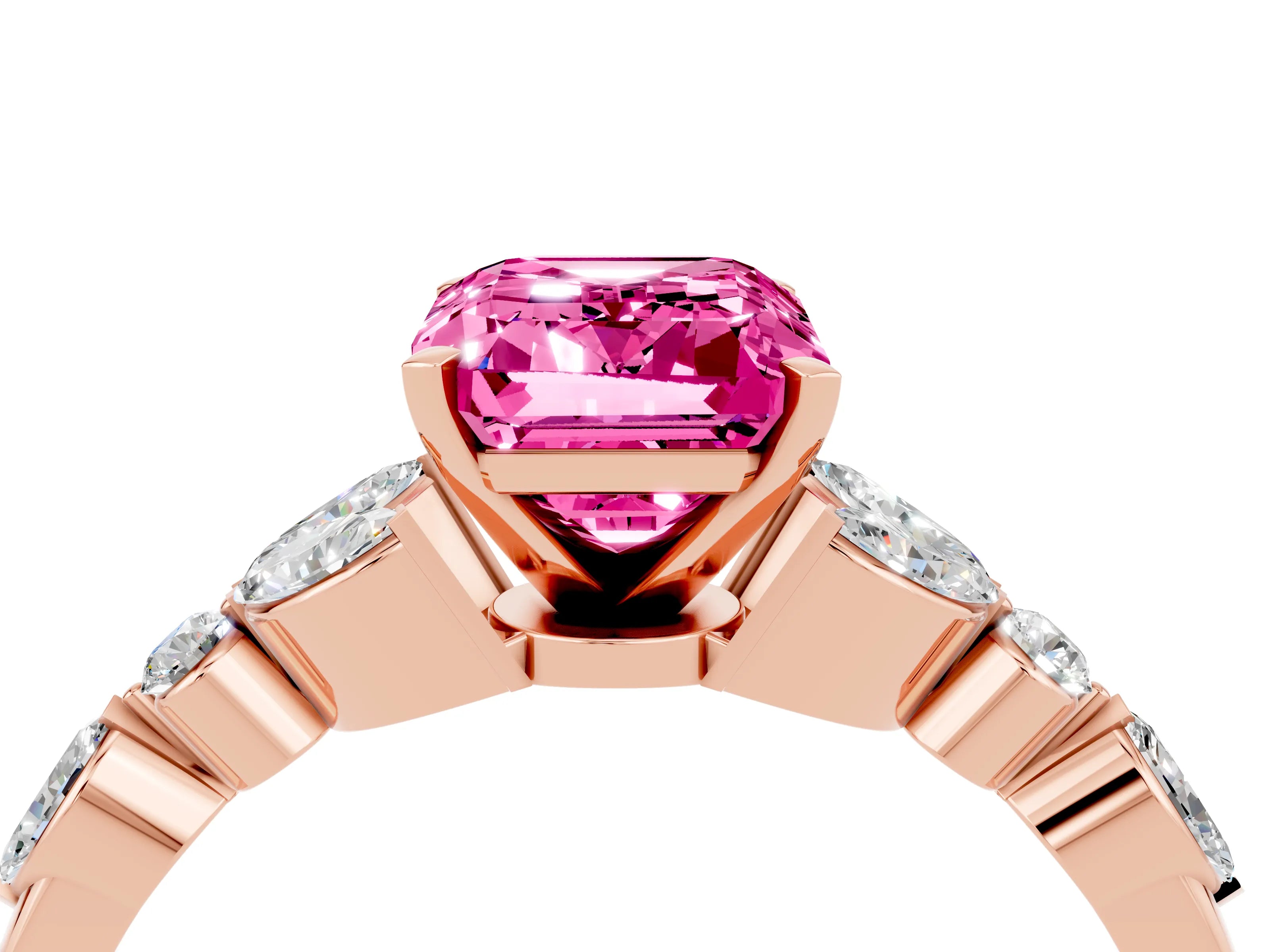 Rose gold Emerald Cut Pink Sapphire Solitaire Ring with Side Stones and Four-Prong Setting_16