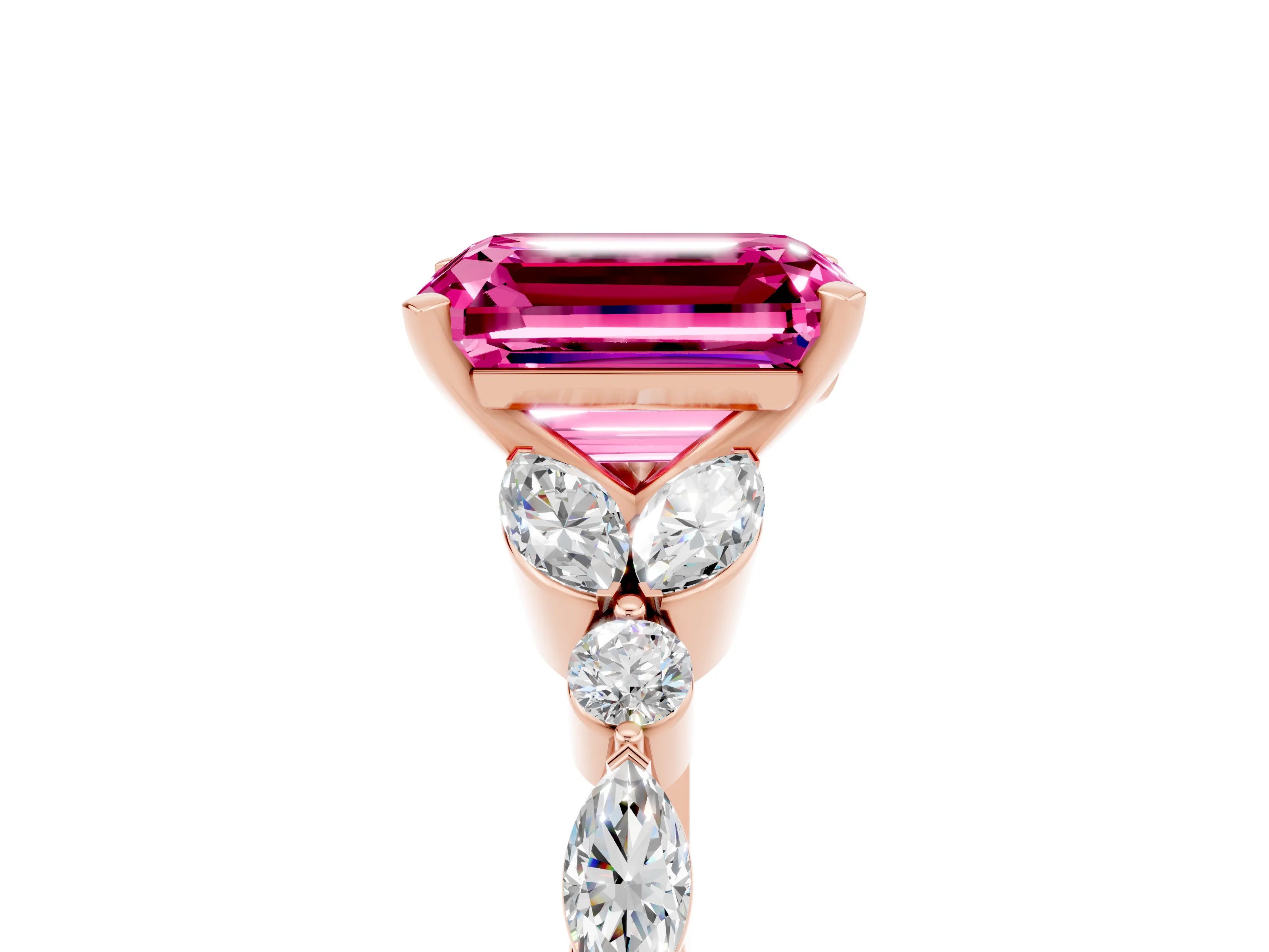 Rose gold Emerald Cut Pink Sapphire Solitaire Ring with Side Stones and Four-Prong Setting_17