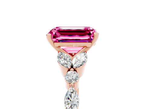 Rose gold Emerald Cut Pink Sapphire Solitaire Ring with Side Stones and Four-Prong Setting_17