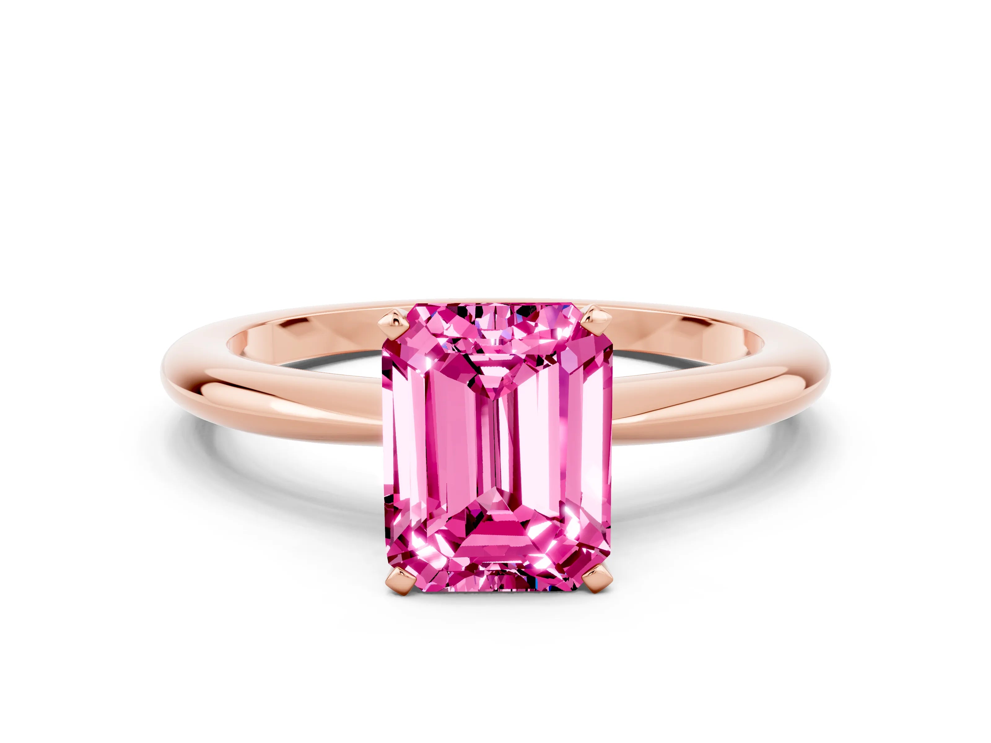Rose gold Emerald Cut Pink Sapphire Solitaire Ring with Six-Prong Setting and Classic Band