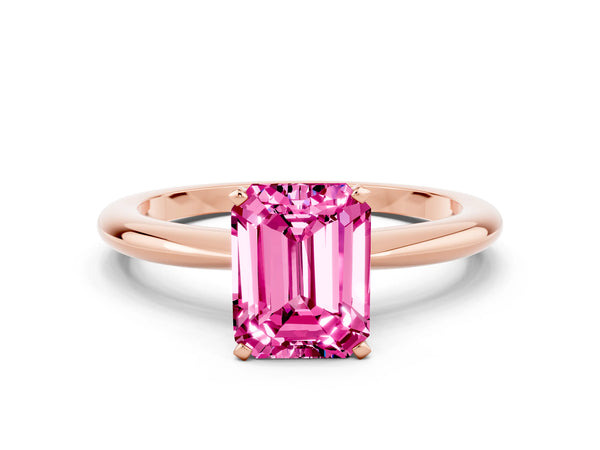 Rose gold Emerald Cut Pink Sapphire Solitaire Ring with Six-Prong Setting and Classic Band