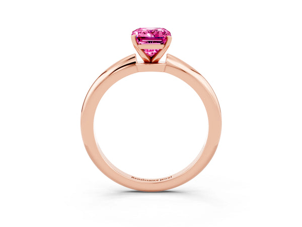 Rose gold Emerald Cut Pink Sapphire Solitaire Ring with Six-Prong Setting and Classic Band