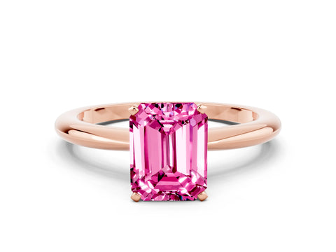 Rose gold Emerald Cut Pink Sapphire Solitaire Ring with Six-Prong Setting and Classic Band