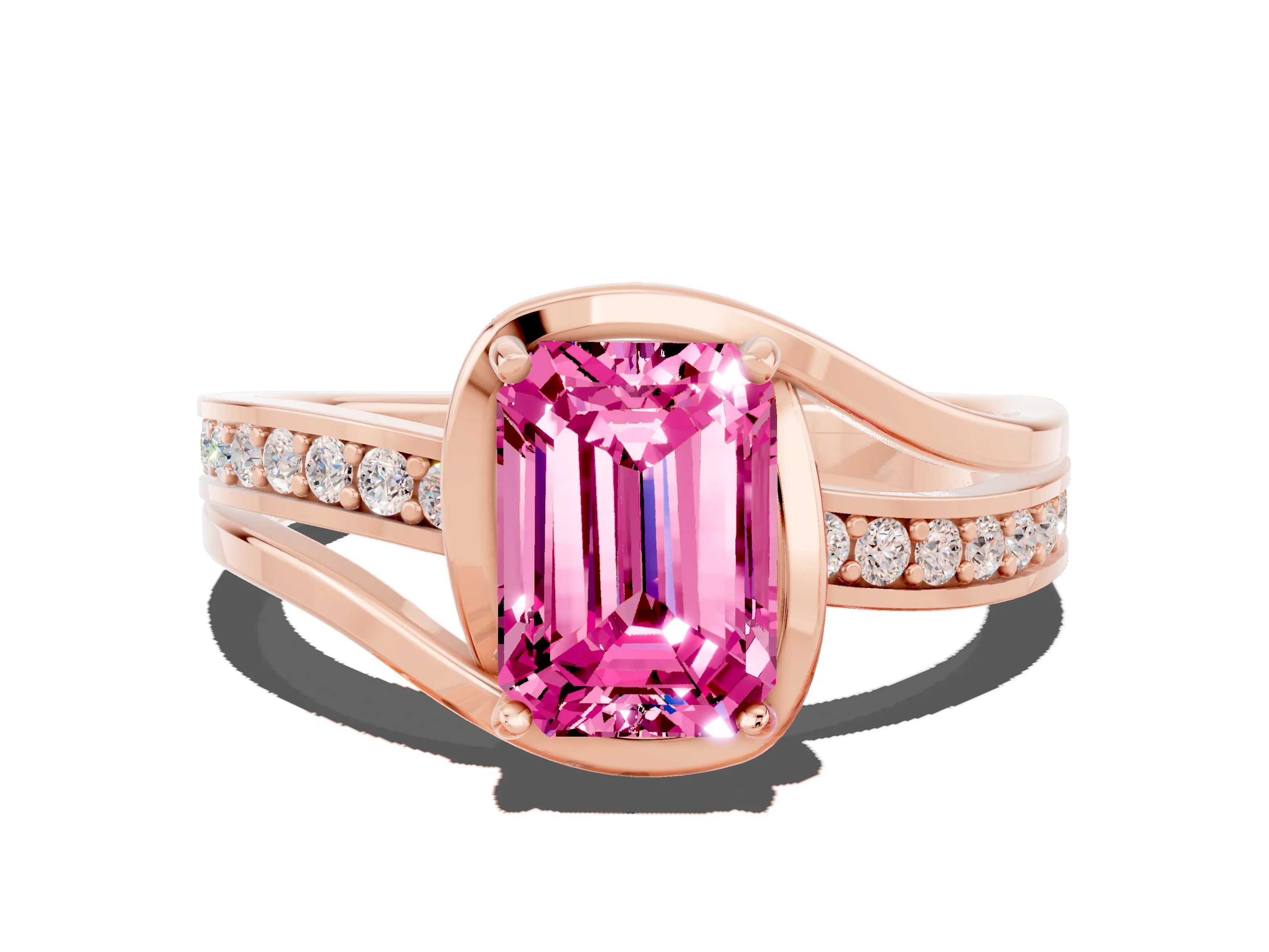 Rose gold Emerald Cut Pink Sapphire Solitaire Ring with Split Shank and Prong Setting