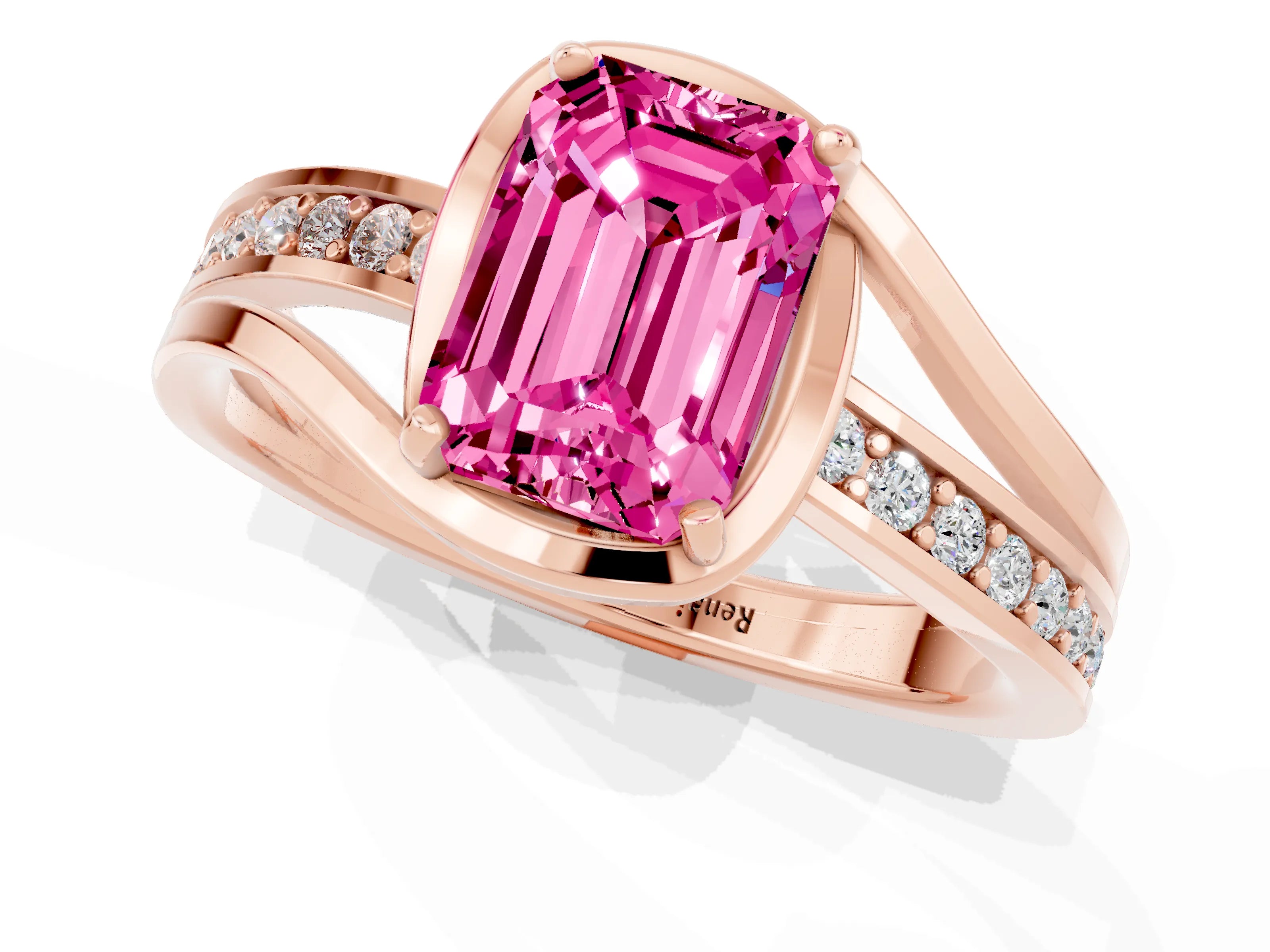 Rose gold Emerald Cut Pink Sapphire Solitaire Ring with Split Shank and Prong Setting_1