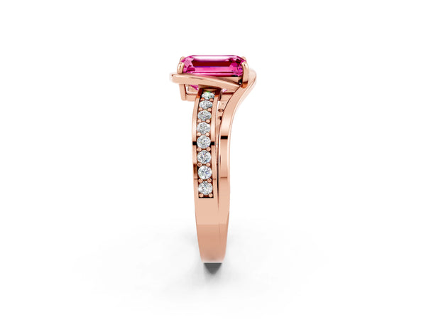 Rose gold Emerald Cut Pink Sapphire Solitaire Ring with Split Shank and Prong Setting