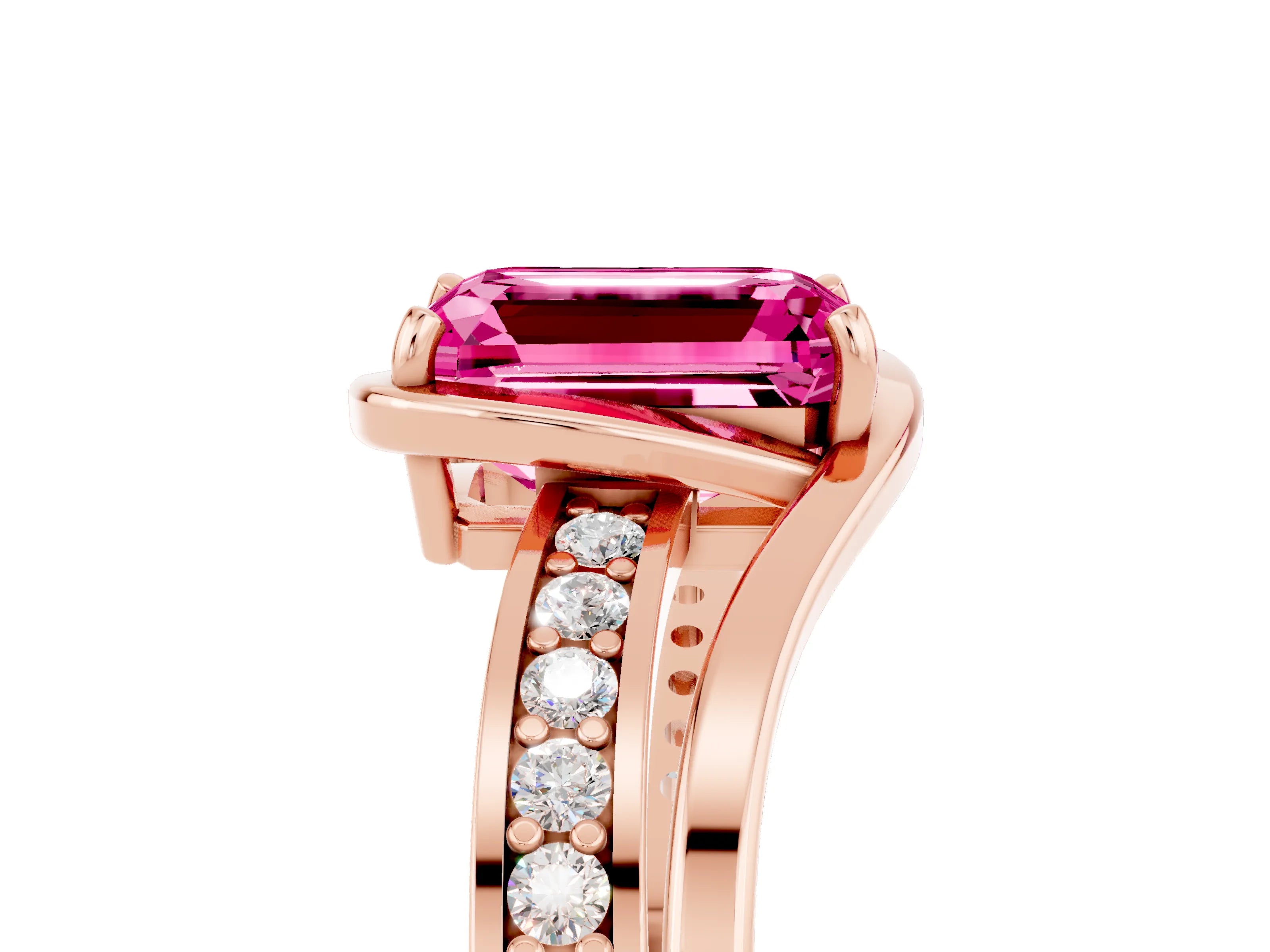 Rose gold Emerald Cut Pink Sapphire Solitaire Ring with Split Shank and Prong Setting_5