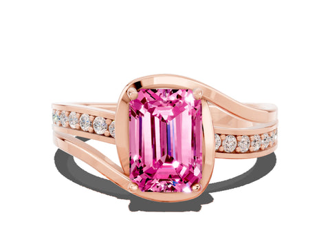 Rose gold Emerald Cut Pink Sapphire Solitaire Ring with Split Shank and Prong Setting