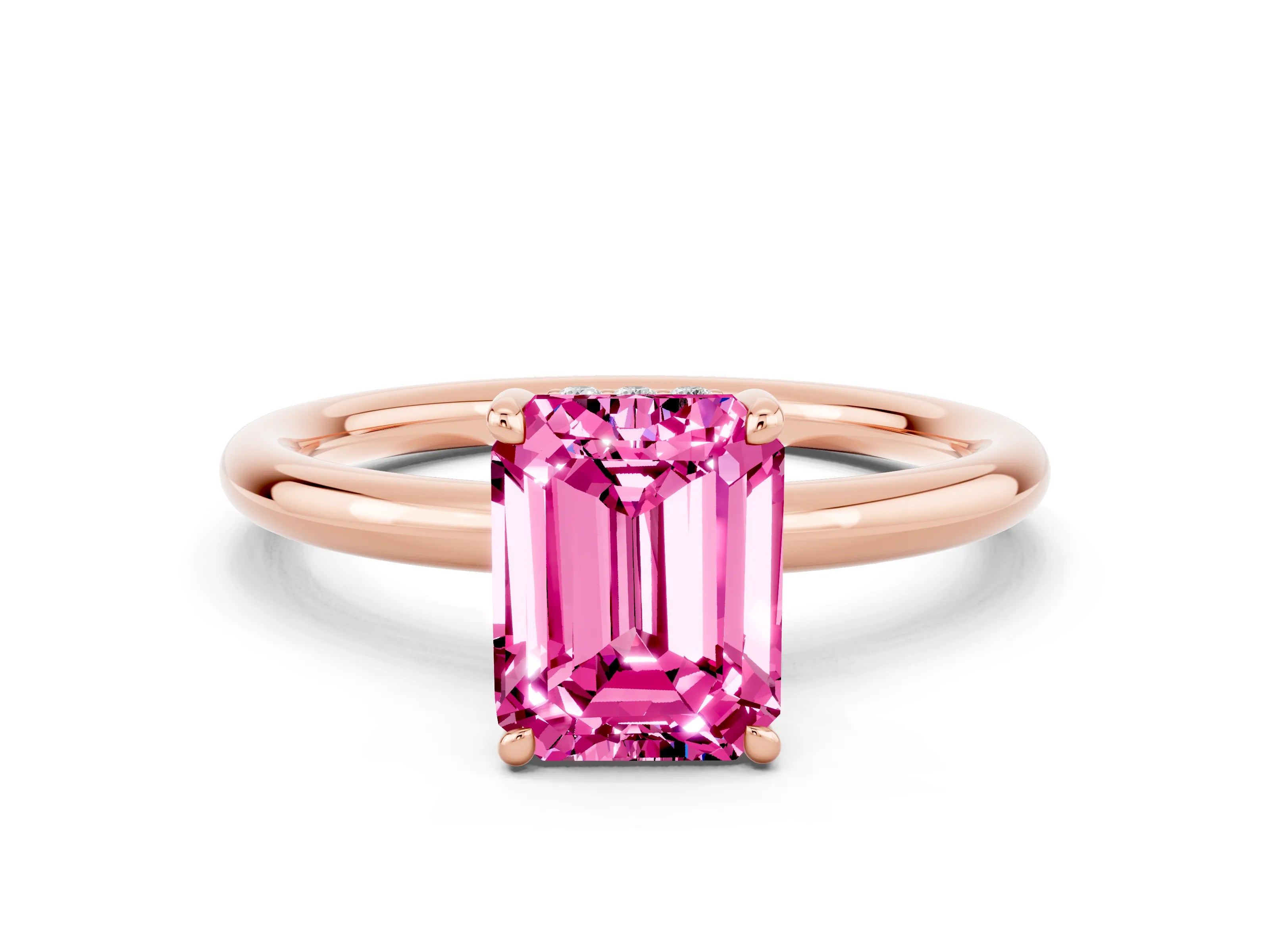 Rose gold Emerald Cut Pink Sapphire Solitaire Ring with Thin Band and Four-Prong Setting_36