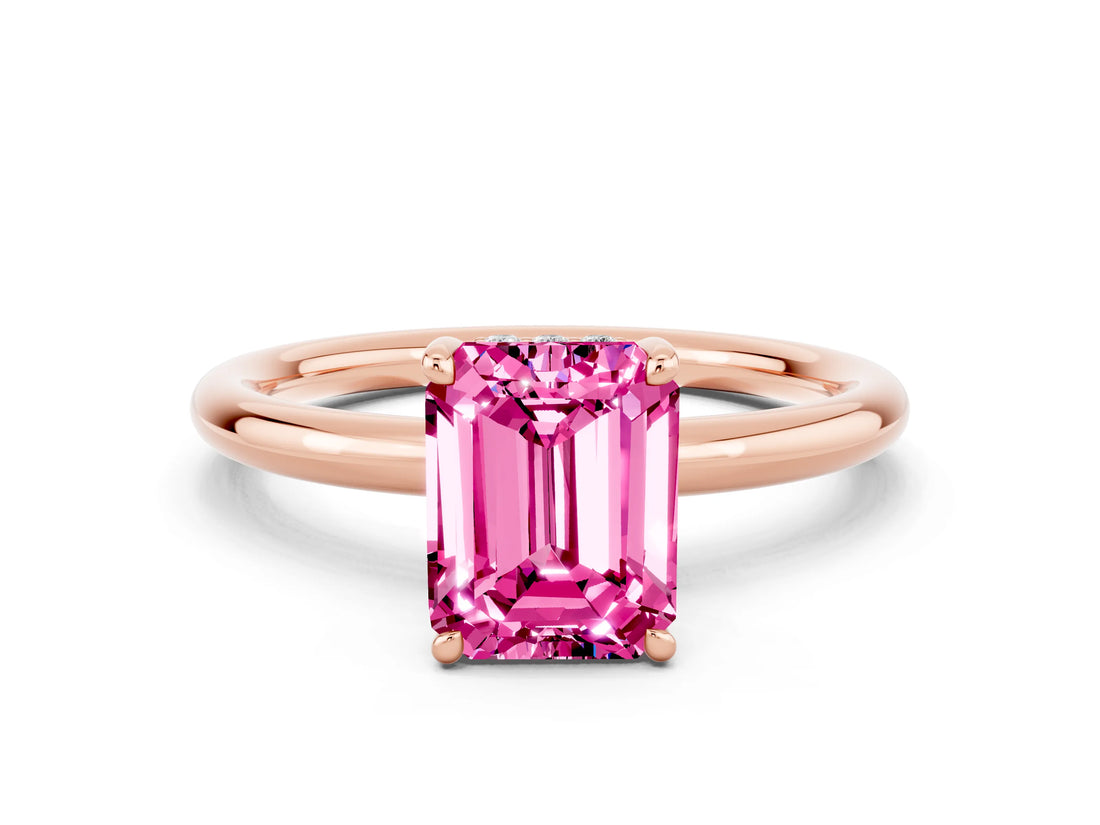 Rose gold Emerald Cut Pink Sapphire Solitaire Ring with Thin Band and Four-Prong Setting_36