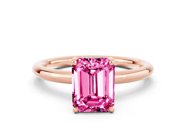 Rose gold Emerald Cut Pink Sapphire Solitaire Ring with Thin Band and Four-Prong Setting