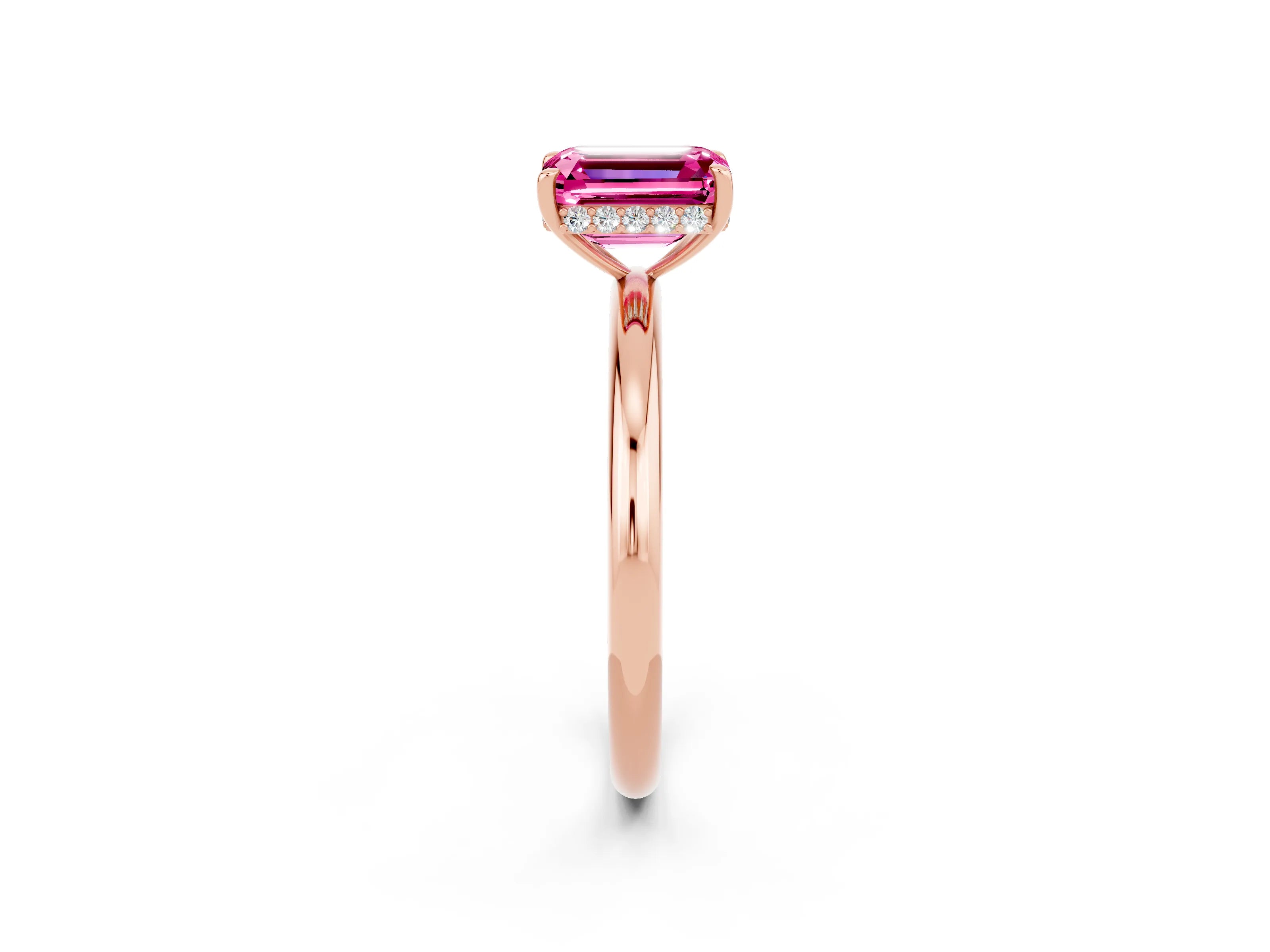 Rose gold Emerald Cut Pink Sapphire Solitaire Ring with Thin Band and Four-Prong Setting_38