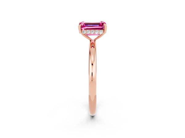 Rose gold Emerald Cut Pink Sapphire Solitaire Ring with Thin Band and Four-Prong Setting